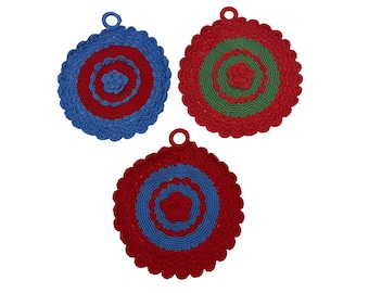 Set di 3 presine rotonde vintage all'uncinetto, fatte a mano, decorazione per la cucina, filato USA
