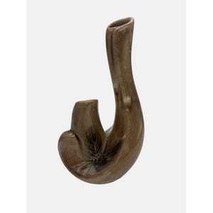 Puede incluir: Un jarrón de cerámica marrón con una forma curva y orgánica. El jarrón presenta una abertura alta y delgada y una abertura más pequeña y curva. Un diseño de agujas y conos de pino es visible en la parte delantera. El jarrón mide unos 30 cm de alto.