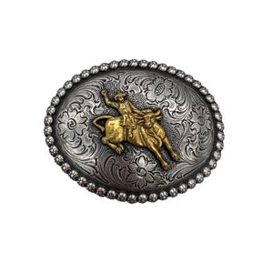 Vintage Western Belt Buckle Rodeo Cowboy Bull Rider Floral 4&quot;x3&quot; Two-Tone Design
