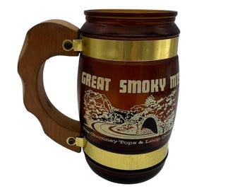 Tazza vintage Siesta Ware Great Smoky Mountains Amber Barrel con manico in legno, 5"