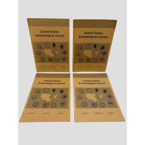 May include: Four tan journals titled Central States Archaeological Journal with black text and a map of the United States surrounded by circular emblems. Each cover displays volume and issue information for the year 1982, including January, April, July, and October.