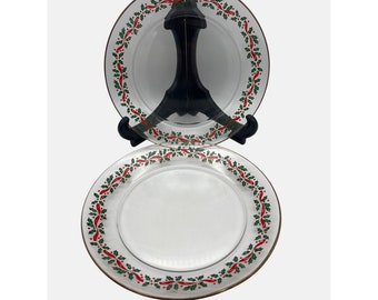 2 helderglazen kerstsaladeborden met hulst- en lintontwerp en gouden rand 8"