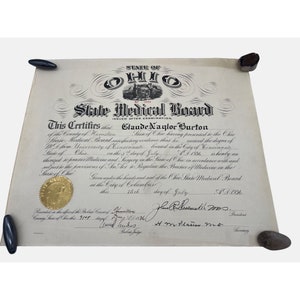 Jahrgang 1936 State of Ohio Medizinisches Brett Zertifikat mit Goldsiegel 17 "x 14"