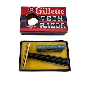 Rasoir vintage Gillette Tech avec boîte et lames bleues King Gillette, rasage de sécurité fabriqué aux États-Unis avec manche noir, tête dorée