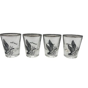 Vintage Canada Goose Shot Glasses Set of 4 Barware Black Bird Design 2.25&quot; Tall Clear Glass Mid Century Hunting Lodge Decor