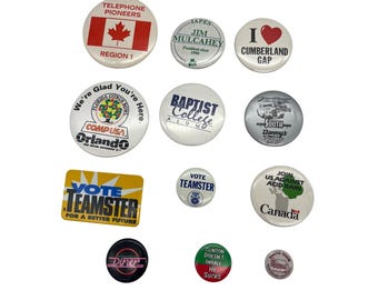 Lot of 12 Vintage 1990s Pinback Buttons Political Union Travel Promo Collectible