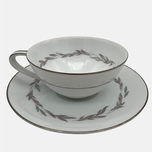Vintage Noritake Graywood Round Flat Cup & Saucer Platinum Trim 6041 Japan 2&quot;
