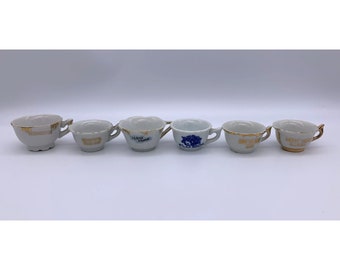 6 Vintage Miniature Teacups - Travel Souvenir - Ceramic - White w/ Gold Trim