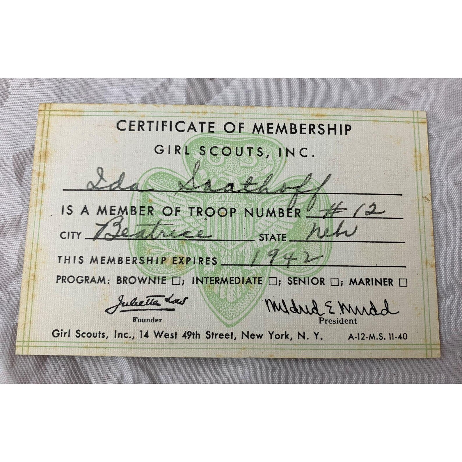 1942 Girl Scout Certificate of Membership Card Beatrice Etsy