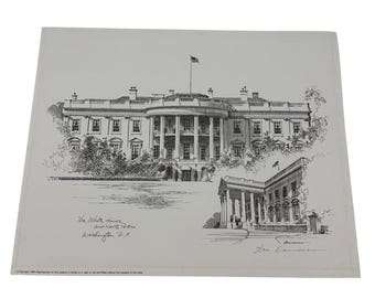1985 Don Cannavaro White House North Portico Signed Print Vintage Washington DC