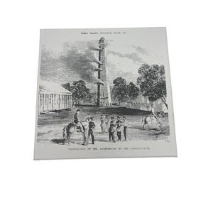 Puede incluir: Impresión en blanco y negro de una escena histórica que representa la destrucción de un faro. La imagen muestra un faro alto, edificios, árboles y personas a caballo y a pie. El texto en la parte superior dice "Tybee Island, Savannah River, GA."