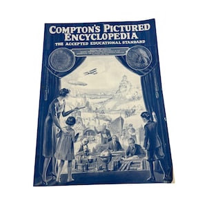 May include: Vintage "Compton's Pictured Encyclopedia" book cover. The cover is a deep blue with white text and illustrations. The title is prominently displayed at the top. The illustration depicts a historical scene with figures, buildings, and aircraft.
