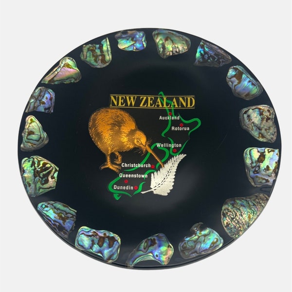 New Zealand Paua Shell Souvenir Plate Kiwi Bird & Map Black Resin Abalone 9"