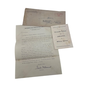 Sobre de carta y folleto de International Harvester de 1944, lote de efímeras de servicio militar de la Segunda Guerra Mundial, Chicago, Knoxville, TN