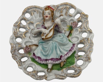 Vintage porseleinen muur Pocket Planter Victoriaanse dame spelen luit figurale 5,5"