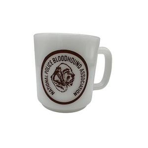 Vintage Glasbake National Police Bloodhound Association Coffee Mug K9 Handler Training Cartoon Dog Humor 3.5" White Milk Glass