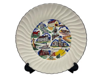 Piatto souvenir dello Stato del Kentucky, 9,5" in ceramica con bordo smerlato, punti di riferimento panoramici