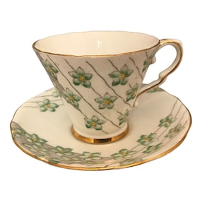 Gladstone Bone China Footed Cup and Saucer Pattern 5245 Green Flowers England