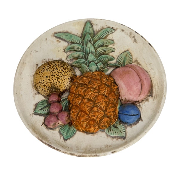 Fruit Themed Wall Hanging 3D Raised Relief Pineapple Grapes Peach Ceramic 11"