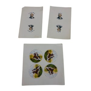 May include: Three vintage paper ephemera pieces. Two cards feature portraits and text, including "P.O.S. of A." and "W.B.C. City of Potomac." The third sheet has four circular illustrations of riders on horseback, with green and yellow backgrounds.