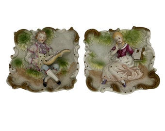 Vintage Ceramic Victorian Couple Wall Hangings Japan 5.5" 3D Raised Relief