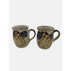 Pair Of Vintage Hand-Painted Japanese Ceramic Mugs Pear Design Brown Trim 3.5&quot;