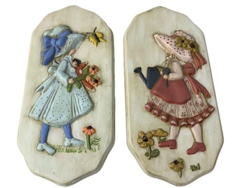 Pair Vintage Ceramic Wall Hangings - Little Girls  Original A Anuot  10&quot; x 4.75&quot;