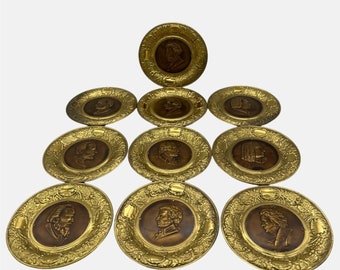 Set of 10 Brass Wall Hanging Plates Famous Composers England Classical Music 6"