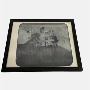 Antique Magic Lantern Glass Slide with Cartoon Comic Strip Image Black and White