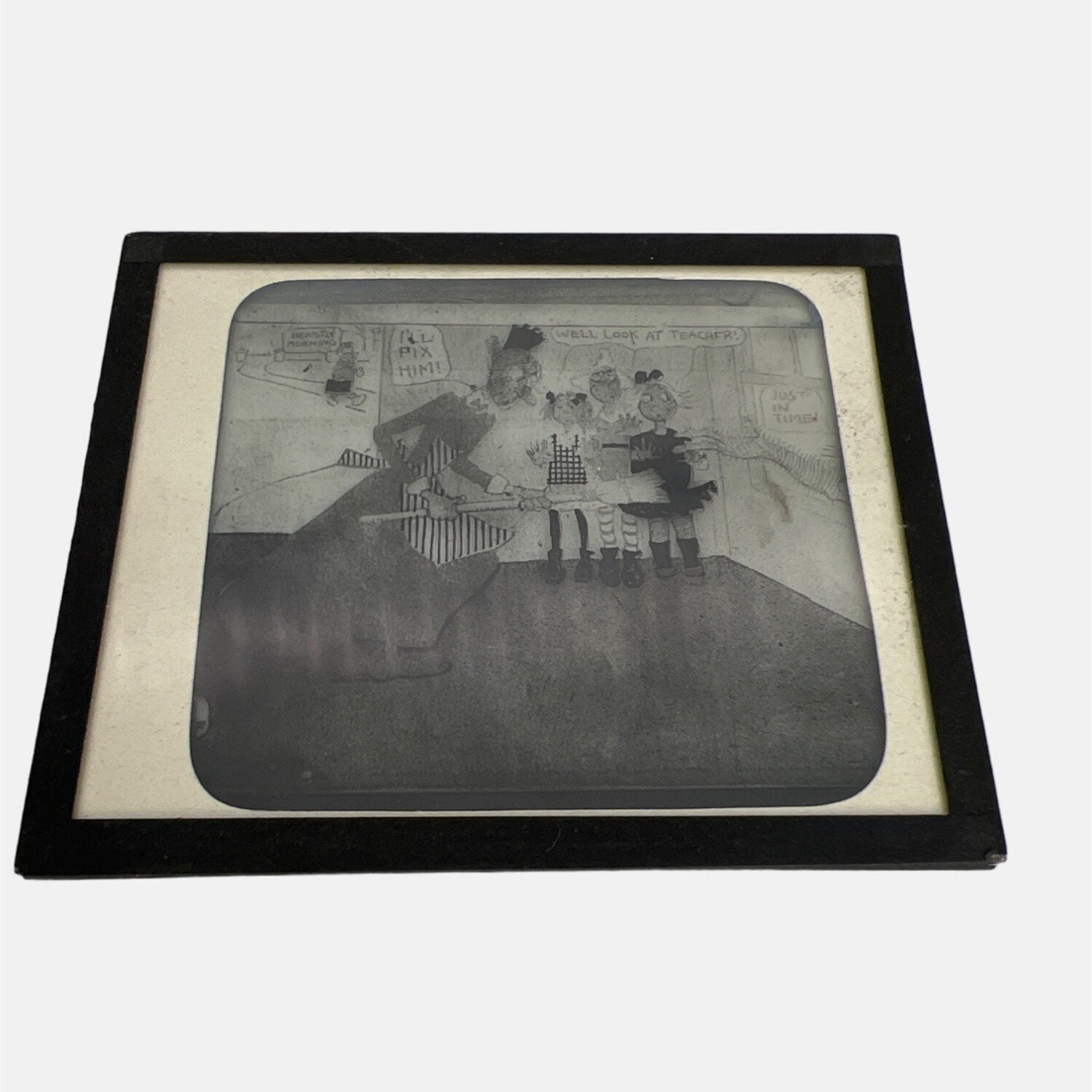 Antique Magic Lantern Glass Slide with Cartoon Comic Strip Image Black and White
