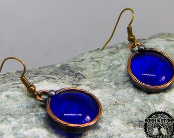 Copper earrings Steampunk earrings Dark blue earrings Vintage jewelry Round earrings Birthday gift For her For mom For sister For girlfriend