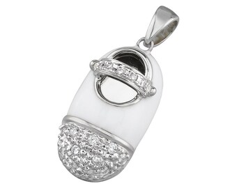 14k White Gold Baby Shoe Charm Pendant with Diamonds and White Enamel | P-601A-W