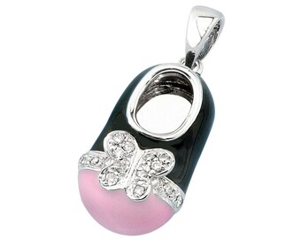 14k White Gold Baby Shoe Charm Pendant with Diamonds and Pink and Black Enamel | New Mom Jewelry Gift | Baby Arrival Gift | P-987-KN