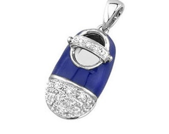 14k White Gold Baby Shoe Charm Pendant with Diamonds and Dark Blue Enamel | New Mom Personalized Jewelry Gift | Baby Arrival Gift | P-601A-B