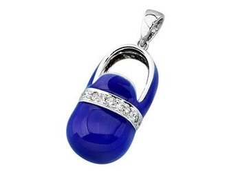 14k White Gold Baby Shoe Charm Pendant with Diamonds and Royal Blue Enamel | New Mom Personalized Jewelry Gift | Baby Arrival Gift | P-201-B