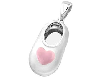 14k White Baby Shoe Charm Pendant with Pink Enamel Heart | P-901-LN