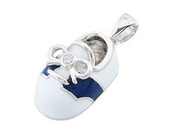 14k White Gold Baby Shoe Charm Pendant with Diamonds and Enamel | New Mom Personalized Jewelry Gift | Baby Arrival Gift | P-805-WB