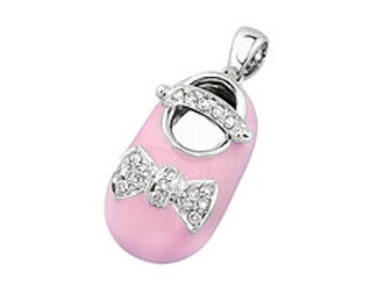 14k White Gold Baby Shoe Charm Pendant with Diamond Bow and Enamel | New Mom Personalized Jewelry Gift | Baby Arrival Gift | P-701A-N