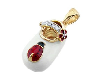 14k Yellow Gold Baby Shoe Charm Pendant with Diamonds and Enamel  | New Mom Personalized Jewelry Gift | Baby Arrival Gift | P-508A