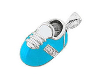 14k While Gold Baby Shoe Charm Pendant with Diamonds and Enamel | New Mom Personalized Jewelry Gift | Baby Arrival Gift | P-303-QW