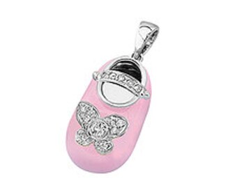 14k White Gold Baby Shoe Charm Pendant with Diamonds and Enamel | New Mom Personalized Jewelry Gift | Baby Arrival Gift | P-951A-N