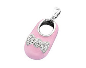14k White Gold Baby Shoe Charm Pendant with Diamond Bow and Pink Enamel | New Mom Personalized Jewelry Gift | Baby Arrival Gift | P-707-N