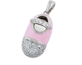 14k White Gold Baby Shoe Charm Pendant with Diamonds and Pink Enamel | New Mom Personalized Jewelry Gift | Baby Arrival Gift | P-601A-N