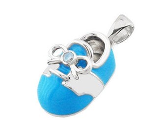 14k White Gold Baby Shoe Charm Pendant with Diamonds and White Blue Enamel | New Mom Personalized Jewelry Gift | Baby Gift | P-805-QW
