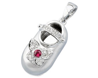 Select a Birthstone - 14k White Gold Baby Shoe Charm Pendant with Birthstone | New Mom Personalized Jewelry Gift | Baby Gift | P-951A-CS