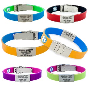 Medical Alert Bracelet EpicBand Reversible Hypoallergenic, Waterproof Silicone ID wristband  Free Custom Engraving, Free Shipping.