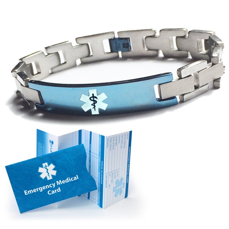 Stainless Steel Box Link Medical Alert ID Bracelet with Transluc