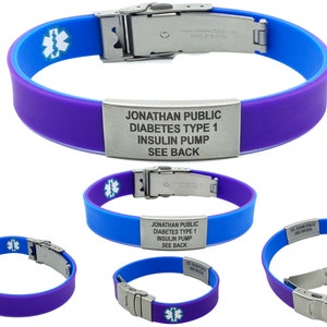 Medical Alert ID Bracelet - Purple/Blue Reversible Waterproof Silicone ID Wristband, Laser Engraving, Medical ID Wallet Card included.