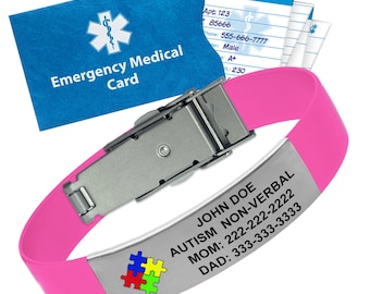 May include: Pink silicone medical alert bracelet with a silver clasp and a metal tag that reads "JOHN DOE AUTISM NON-VERBAL MOM: 222-222-2222 DAD: 333-333-3333". The tag also features a colorful puzzle piece graphic.