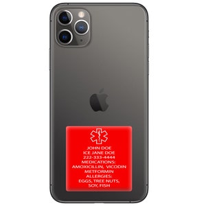 Medical Alert ID Engraved Lightweight Durable Acrylic 2.0" x 2.0" 3M Adhesive backing to stick to phones, computers, Refrigerators and more